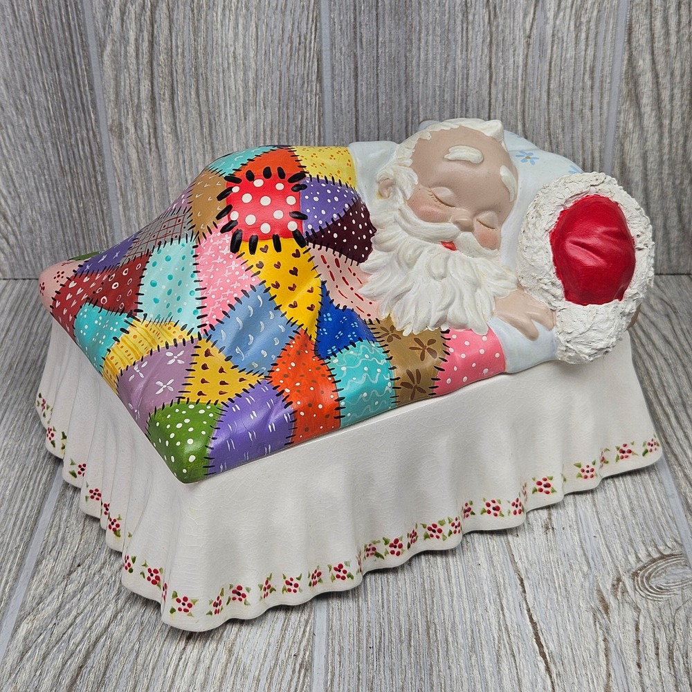 Santa Claus Sleeping in Bed Patch Quilt Ceramic Christmas Trinket Box Candy Dish